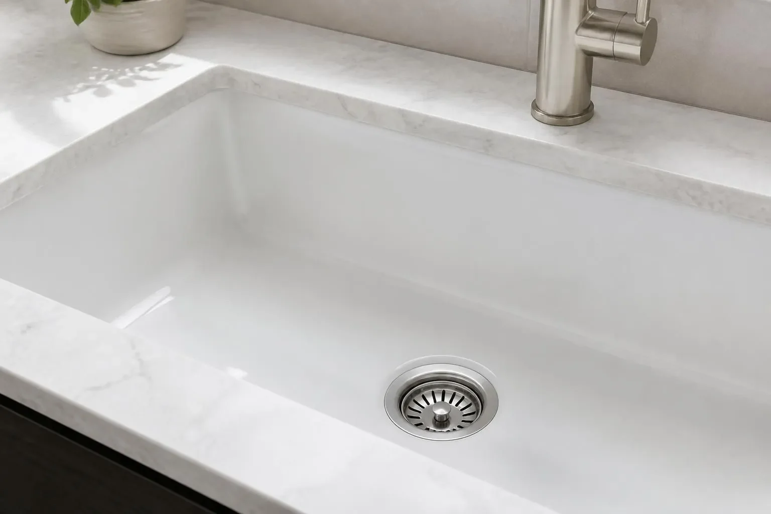Spotless sink basin with a clear drain in a finished room