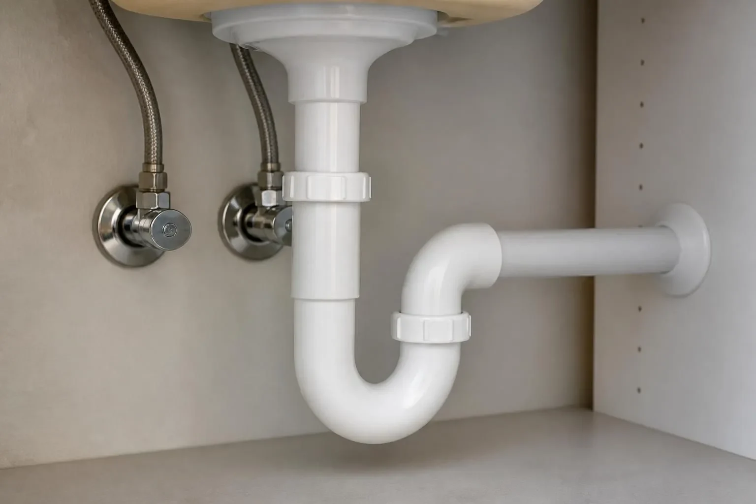 White drain pipe and trap under a bathroom sink