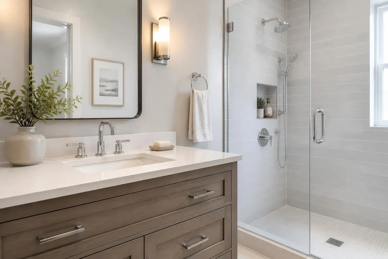Finished bathroom with modern vanity and clean chrome fixtures