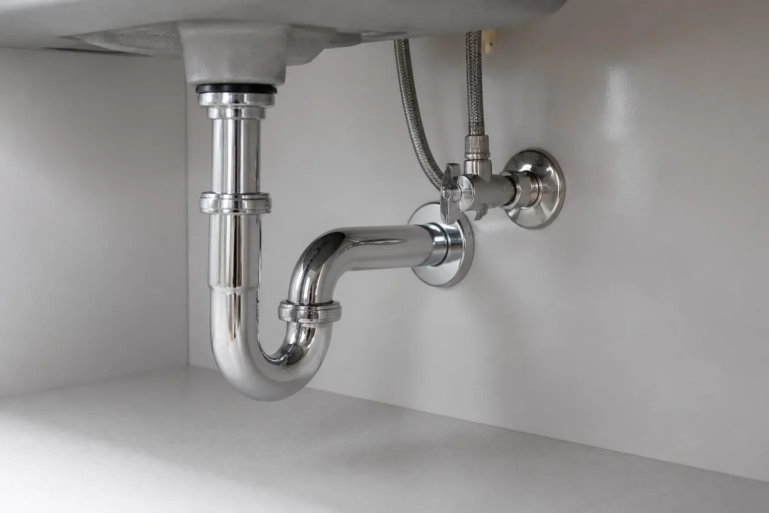 Clean sink area with a finished leak repair and dry surfaces